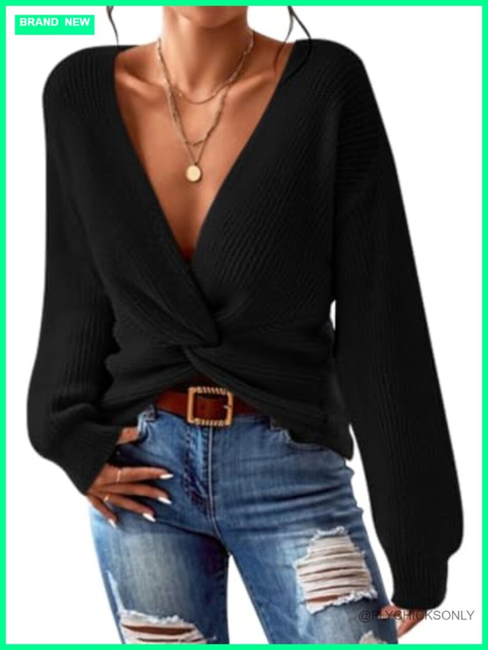 Women Deep V Neck Twist Front Cropped Knit Sweater Pullover
